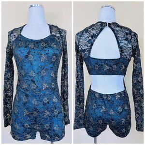 1990s Vintage Romper / 90s Teal Gold Black Lace Cut Out Back Playsuit / Medium